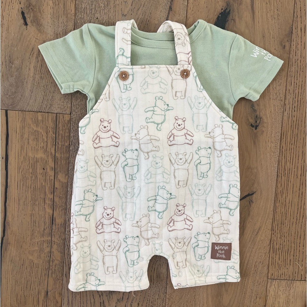 NEW Winnie The Pooh Overall Romper Shorterall Set Disney Green 18 months
